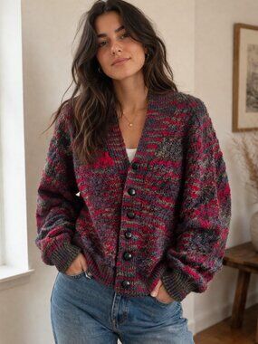 Vintage Handmade Wool Blend Multicolor Grandpa Collar Sweater XL